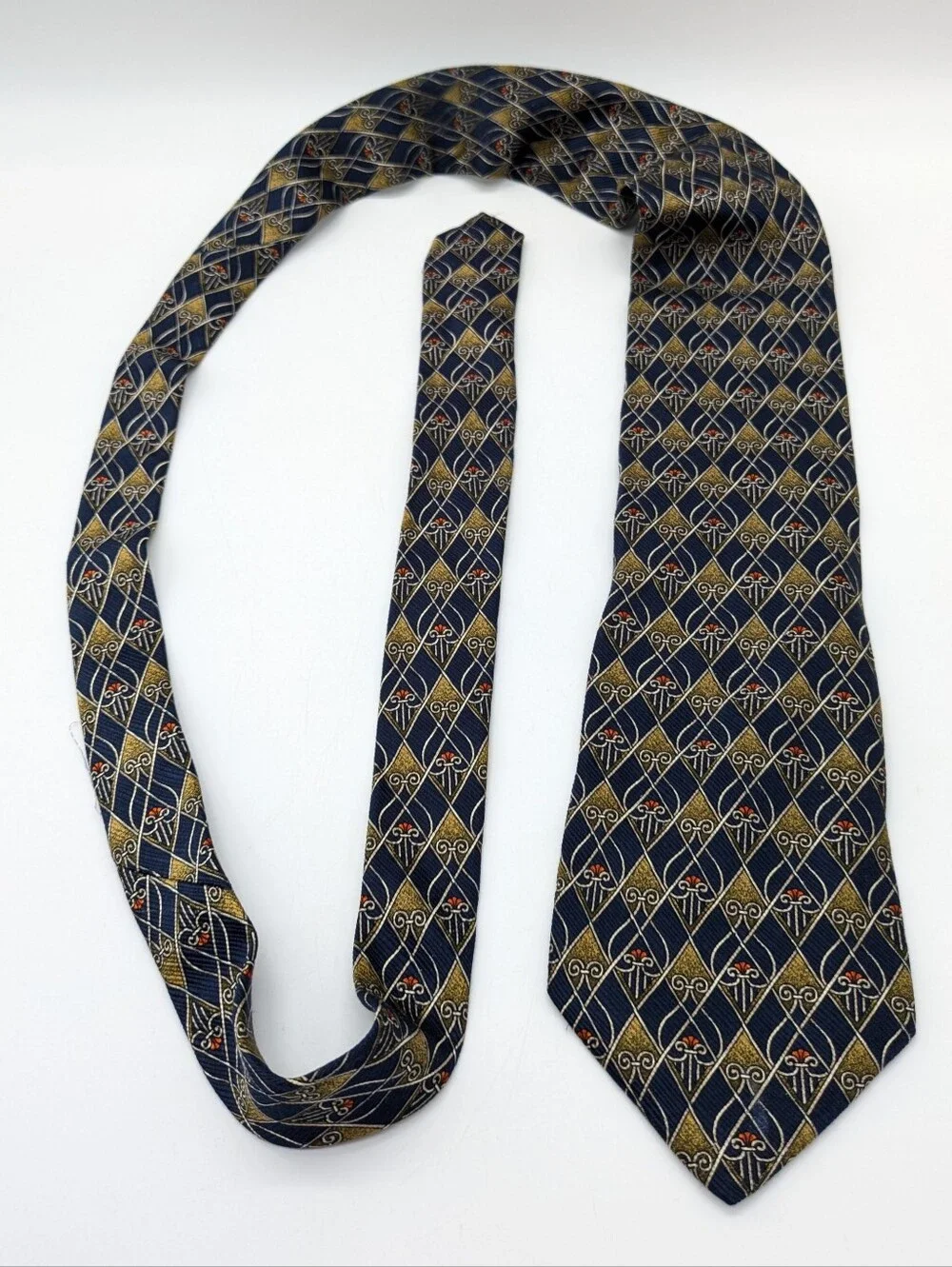 Vintage Paulo Visari Blue Cream Yellow Abstract Geometric Silk Tie